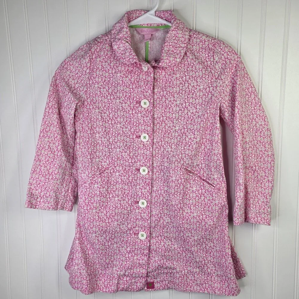 Lilly Pulitzer Coat Girls 7 Pink Floral Button Lightweight Spring Jacket Casual